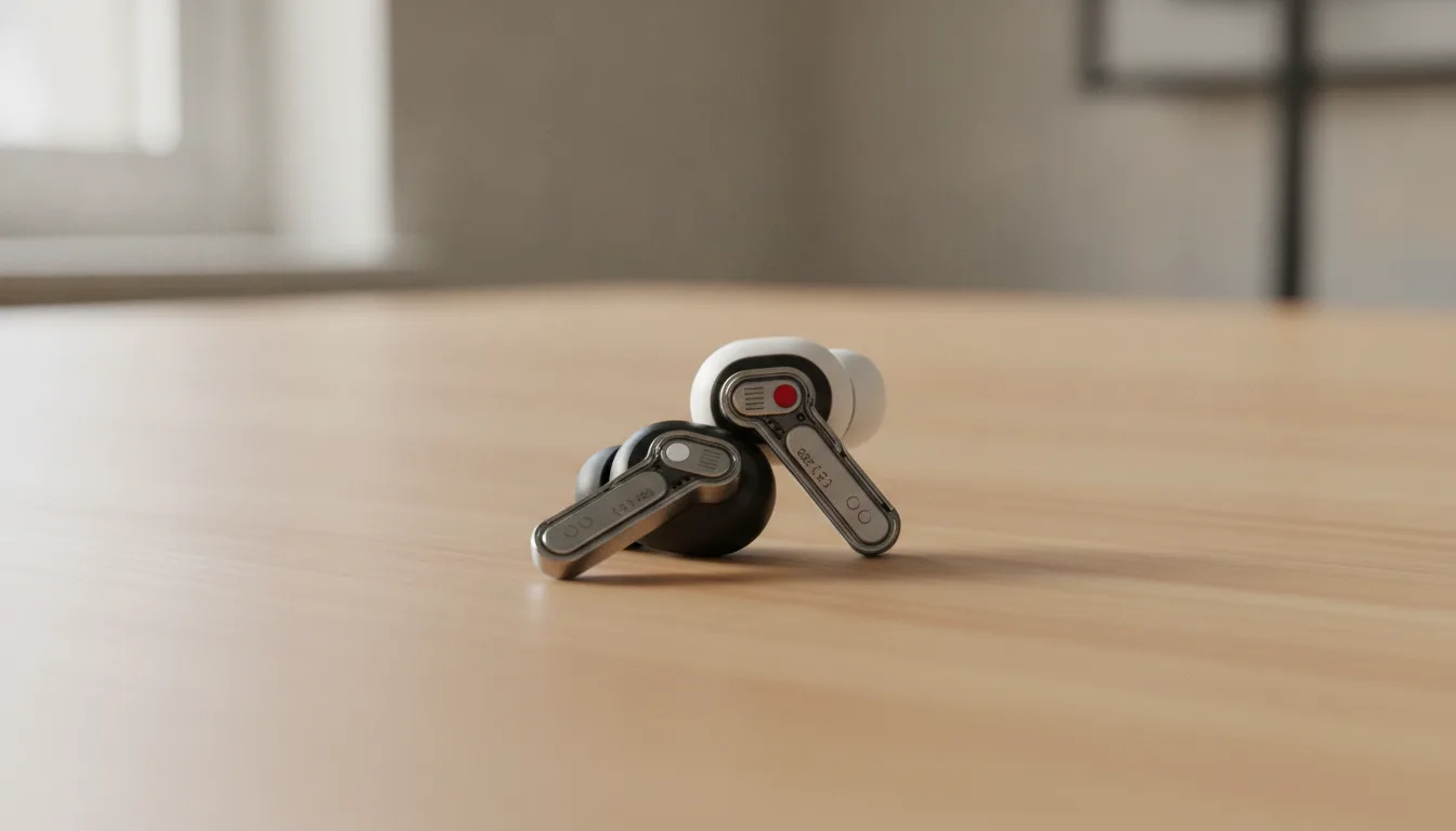 Nothing Ear (3), écouteurs ANC avec micro déporté dans le boîtier en situation